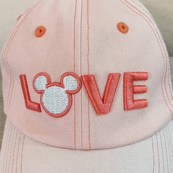 Disney Hat Cap Mickey Mouse Love Pink Peach Coral Stitched - Picture 5 of 7
